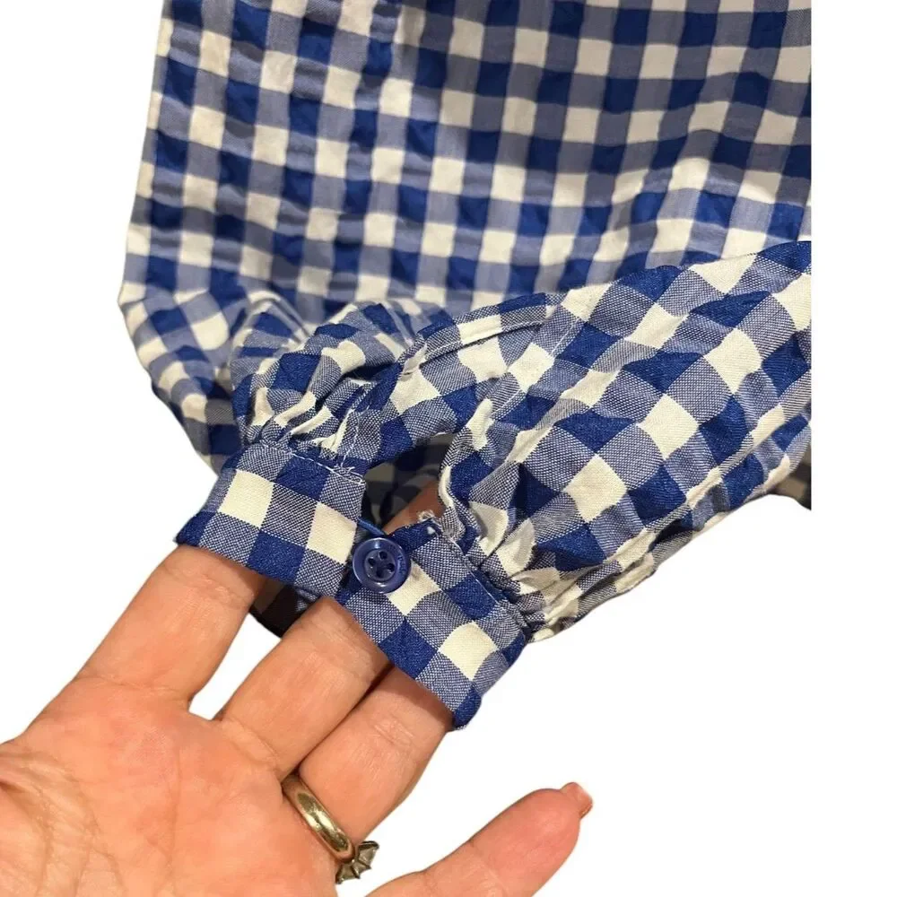 KATE SPADE Blue & White Gingham Square Neck Puff Sleeve Blouse Sz XS